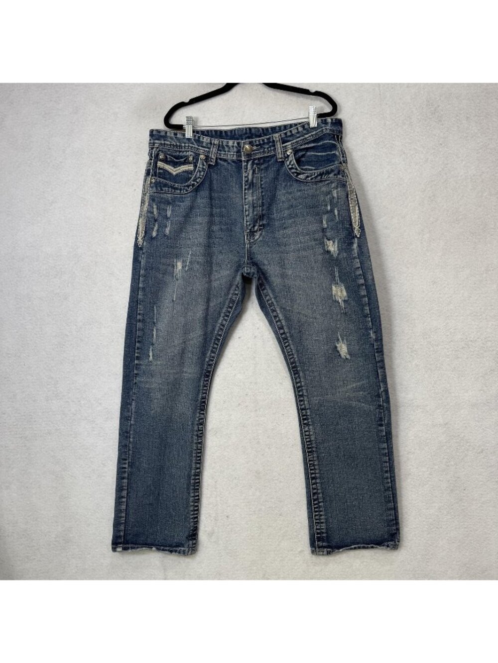 GS115 Jeans Mens 36x32 Blue Slim Straight Distressed Embroidered Denim